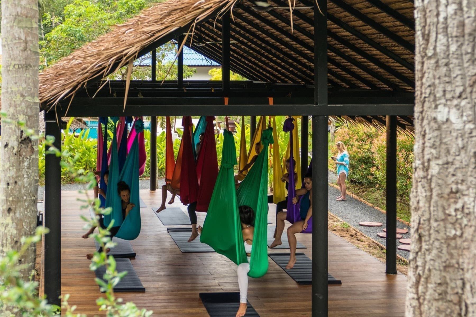 Guests in colourful aerial yoga hammocks at Wonderland